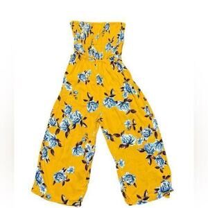 Active USA Jumpsuit Strapless Cropped Wide Leg Floral Print Blue Yellow Medium